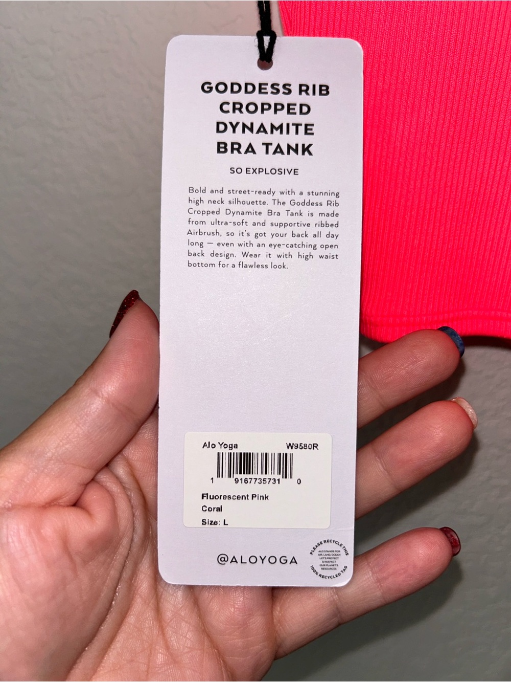 Alo Yoga NWT Goddess Rib Cropped Dynamite Bra Tank Large Pink - Picture 3 of 4